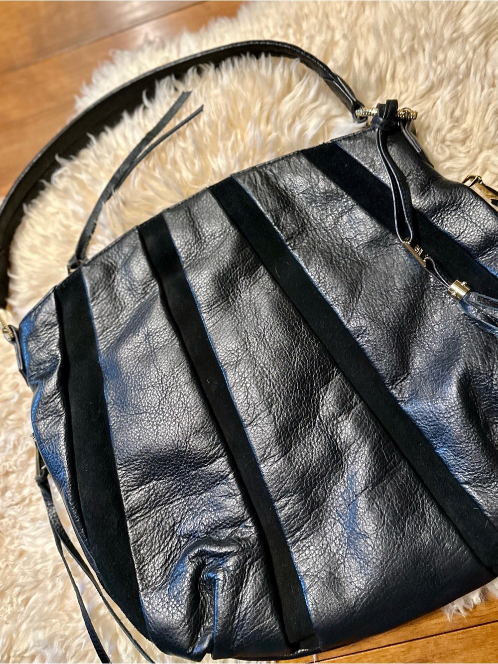 Aimee Kestenberg Tamitha Suede Leather Stripe Crossbody Hobo Bag Black